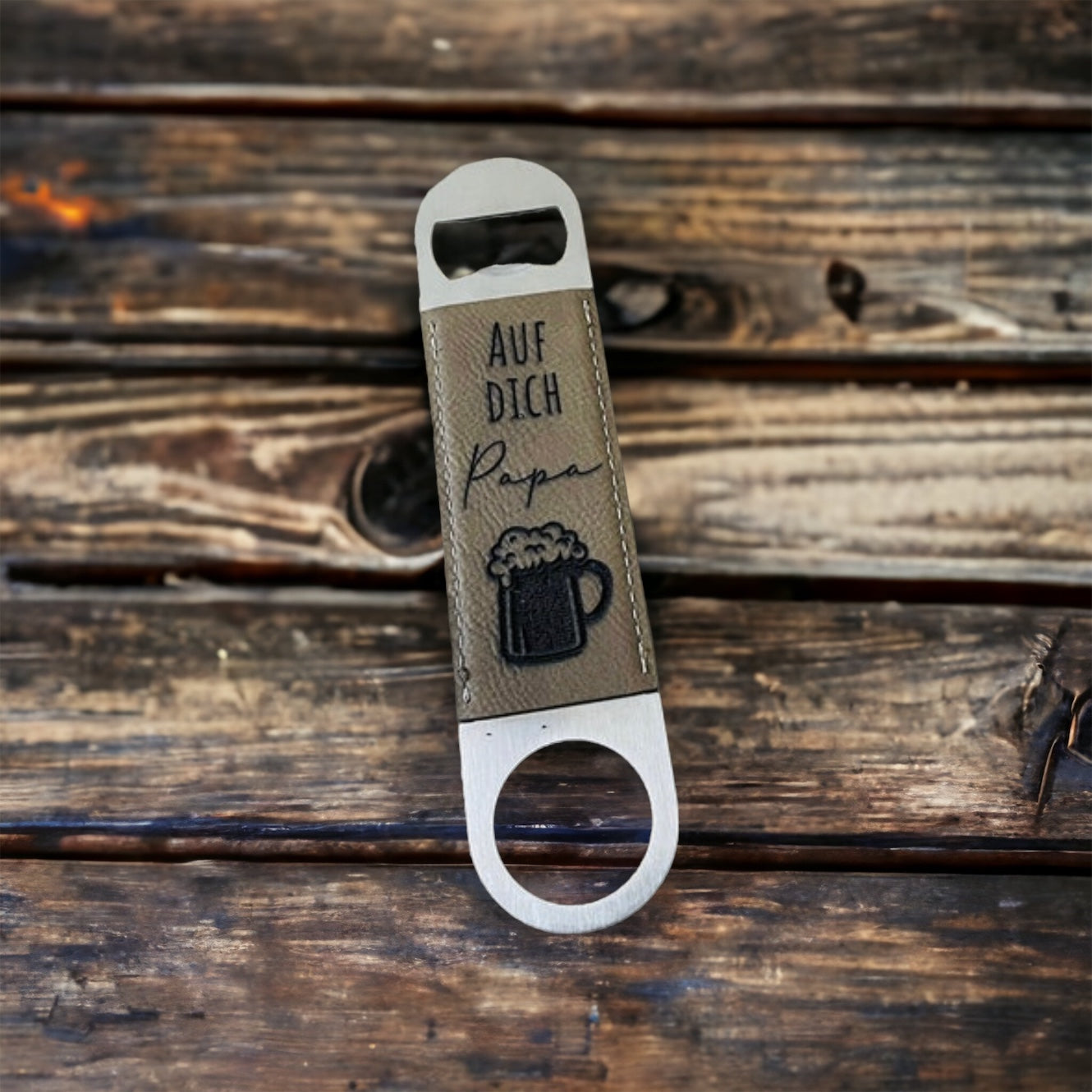 Flaschenöffner Vatertag Papa Edelstahl Leder personalisiert Geschenk Vater